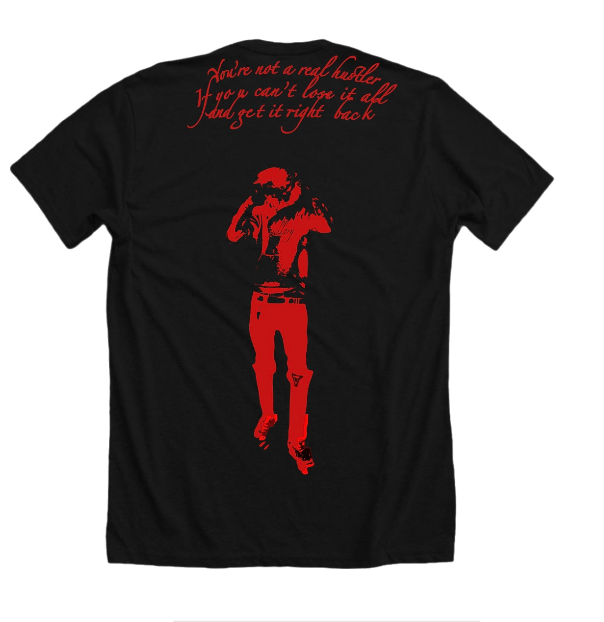 Black t-shirt with red graphic and text on a white background